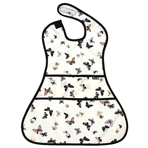 Plie Full Coverage Waterproof Feeding Bib for Toddlers – Extra Long Apron Bib for Mealtime, Self-Feeding, High Chairn - color: Ivory/Butterfly