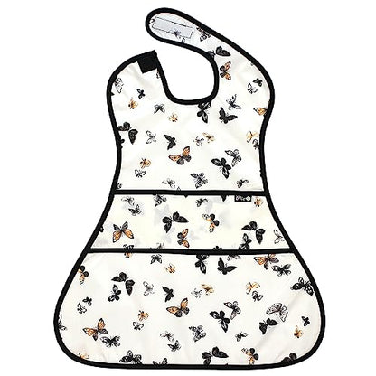 Plie Full Coverage Waterproof Feeding Bib for Toddlers – Extra Long Apron Bib for Mealtime, Self-Feeding, High Chairn - color: Ivory/Butterfly