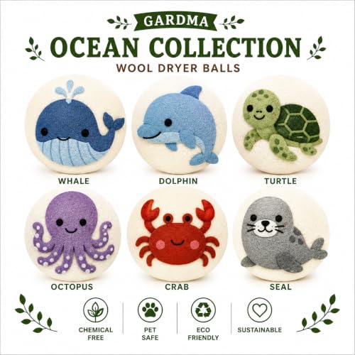 Wool Dryer Balls XL 6-Pack – Organic Wool Dryer Balls for Laundry Reusable, Natural Fabric Softener, Reduces Drying Time, Static, Wrinkles & Clumping - color: Ocean Collection