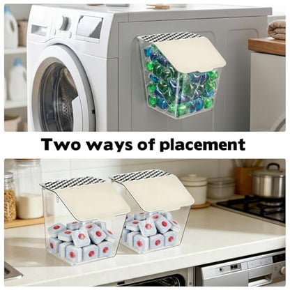 Rainmae 2 Pack Laundry Pods Container with Lids Wall-Mounted Dishwasher Pods Holder for Powder Dryer Balls and Scent Booster Beads Space Saving Plastic Storage Container for Laundry Room Organization