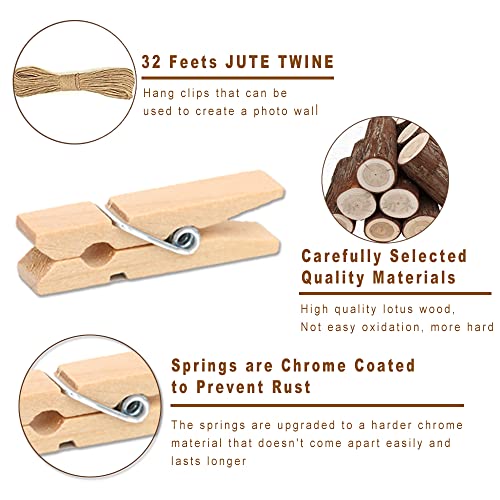1.35 Inch Mini ClothesPins for Photo【100 Pcs】 with 32 Feet Jute Twine，Mini Clothes Pins for Crafts,Wooden Small Clothes Pins for Pictures,Tiny Decorative Clothespins for Baby Shower(Natural Color) - color: Natural Color 100 Pcs