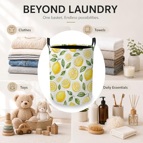 Lemon Slices Laundry Basket, Green Leaves Collapsible Laundry Hamper Waterproof Oxford Cloth With Handles, Clothes Storage Bucket For Bathroom/Bedroom 16" x 20.8" - color: Lemon Slices