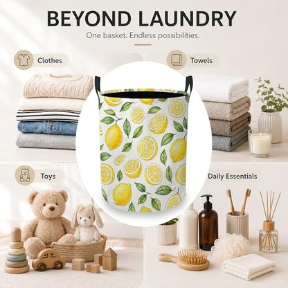 Lemon Slices Laundry Basket, Green Leaves Collapsible Laundry Hamper Waterproof Oxford Cloth With Handles, Clothes Storage Bucket For Bathroom/Bedroom 16" x 20.8" - color: Lemon Slices