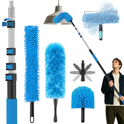 16FT Reach High Ceiling Duster Kits with 3-12FT Adjustable Pole - Includes Extra Long Duster, High Ceiling Duster, Rotatable Window Squeegee & Cobweb Duster for Ceiling Fans and Whole House Cleaning - color: Blue, size: 12FT