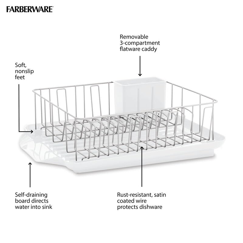 Farberware Classic Large Rust Resistant Full Dishrack with Removable 3 Compartment Flatware Caddy, Andlged Drain Board, 3-Piece, White - color: White