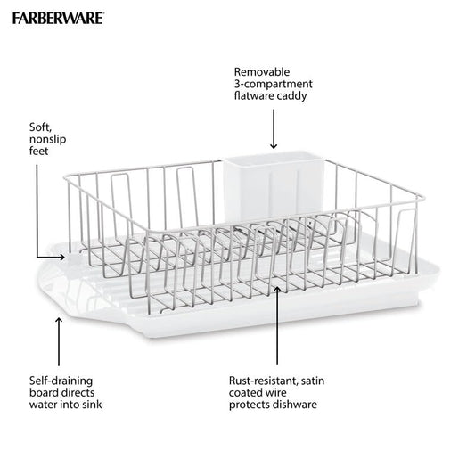 Farberware Classic Large Rust Resistant Full Dishrack with Removable 3 Compartment Flatware Caddy, Andlged Drain Board, 3-Piece, White - color: White