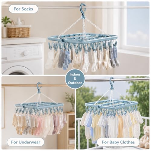 32-Clip Hanging Drying Rack, Thickened Plastic Windproof Clothes Hanger with Clips, Foldable Sock Drying Rack for Underwear, Clothes, Towels and Small Laundry, Indoor Outdoor Laundry Hanger (Blue) - color: Blue