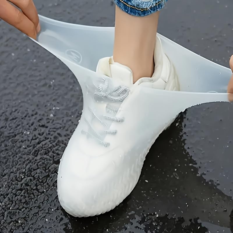 Waterproof Reusable Silicone Shoe Covers, Elastic Non-Slip Overshoes for Rain Mud Travel Commuting Outdoor Protection - color: White