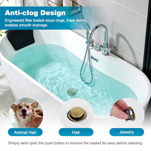 Hibbent 3 in 1 Metal Bathtub Drain Stopper, Universal Pop Up Tub Stopper - color: Brushed Gold