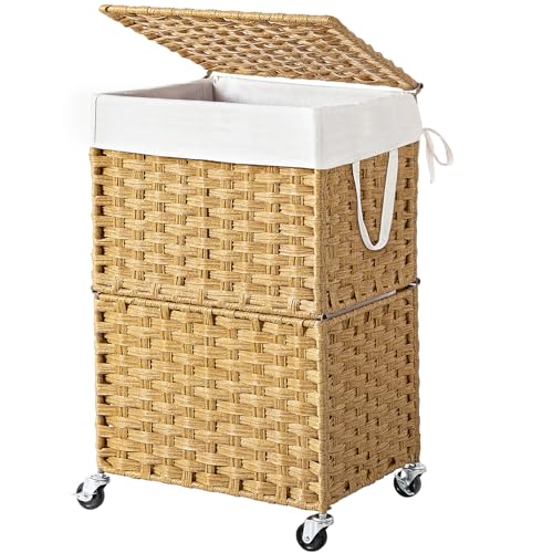 Chrislley Wicker Laundry Basket with Wheels,Rolling Laundry Hamper with Lid - color: Yellow