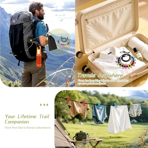 2 Pack Portable Travel Clothesline with 12 Clothespins, Retractable Portable Clothesline for Camping, RV, Backpacking,Hotel Set 2 D Ring Carabiner Clip，Can extends to 11ft, Storage Bag Included.