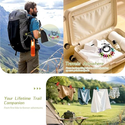 2 Pack Portable Travel Clothesline with 12 Clothespins, Retractable Portable Clothesline for Camping, RV, Backpacking,Hotel Set 2 D Ring Carabiner Clip，Can extends to 11ft, Storage Bag Included.