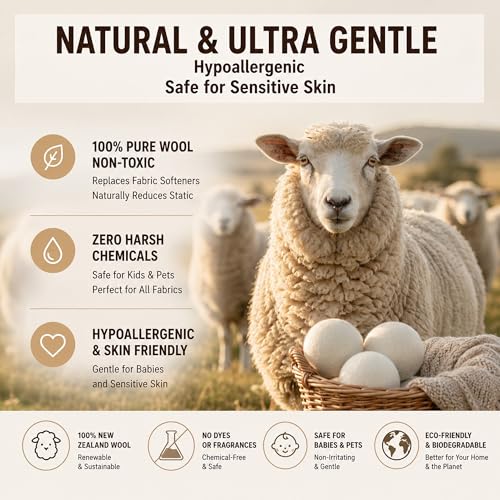 NordVale Wool Dryer Balls, 6 Pack XL Premium 100% New Zealand Wool, Reusable Natural Fabric Softener for 1300+ Loads, Helps Reduce Drying Time, Static Cling and Wrinkles