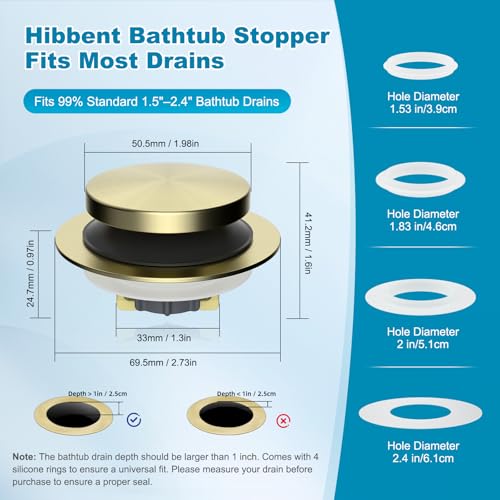 Hibbent 3 in 1 Metal Bathtub Drain Stopper, Universal Pop Up Tub Stopper - color: Brushed Gold
