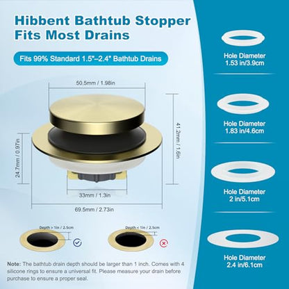 Hibbent 3 in 1 Metal Bathtub Drain Stopper, Universal Pop Up Tub Stopper - color: Brushed Gold