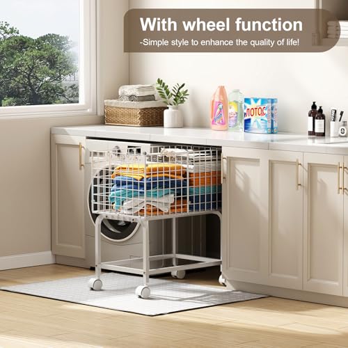 Laundry Basket with Wheels,80L Wire Rolling Laundry Basket with Pull Handle,White High Laundry Cart for Laundry Room,Bathroom,Bedroom-White(23.6 * 15.75 * 28inch) - color: White, size: 23.6*15.75*27.95inch