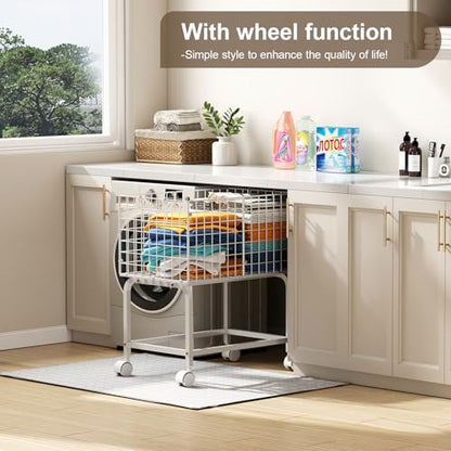 Laundry Basket with Wheels,80L Wire Rolling Laundry Basket with Pull Handle,White High Laundry Cart for Laundry Room,Bathroom,Bedroom-White(23.6 * 15.75 * 28inch) - color: White, size: 23.6*15.75*27.95inch