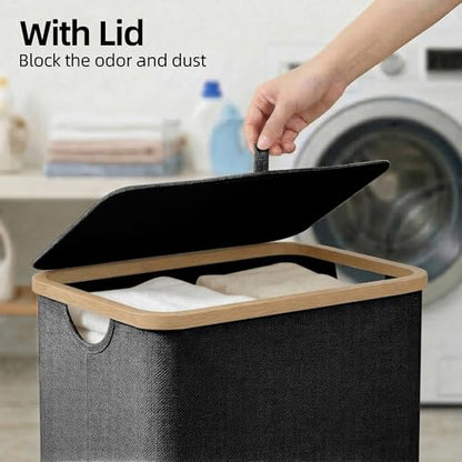 efluky Slim Laundry Basket with Lid, Narrow Laundry Hamper with Removable Bag, Skinny Dirty Clothes Basket with Bamboo Handles for Bathroom, Bedroom & Laundry Room, 90L Black - color: Black, size: 90L