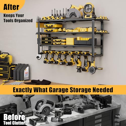 Spampur 420LB Capacity Power Tool Organizer with Charging Station & 6 Outlets | Quick Assembly 4-Layer Heavy Duty Rack for Drills & Batteries | Ultimate Garage Storage & Christmas Gift for Men - size: 4 shelves 8 slots (single) with power strip
