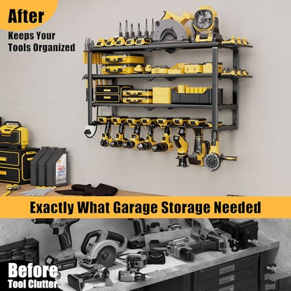 Spampur 420LB Capacity Power Tool Organizer with Charging Station & 6 Outlets | Quick Assembly 4-Layer Heavy Duty Rack for Drills & Batteries | Ultimate Garage Storage & Christmas Gift for Men - size: 4 shelves 8 slots (single) with power strip