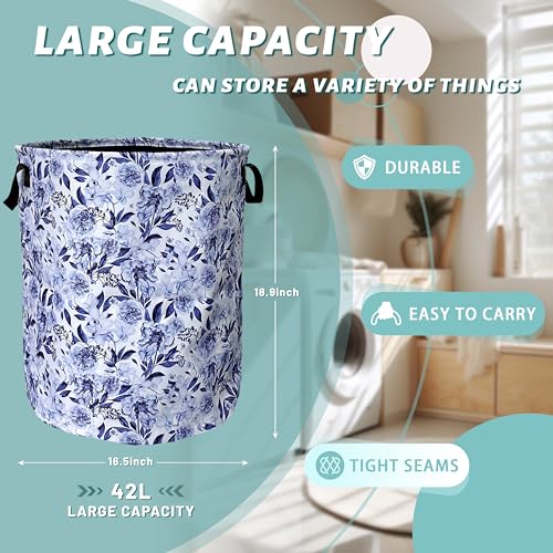 Blue Floral Laundry Basket Oxford Cloth Foldable Hamper 18.9x16.5Inch - color: Beautiful Blue Flowers Floral