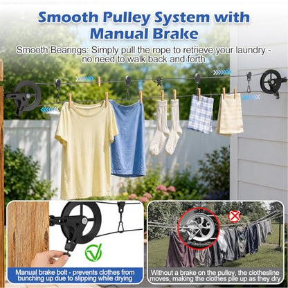 150ft Black Clothesline Pulley Kit with Aluminum Brake Pulleys - size: 150FT Black