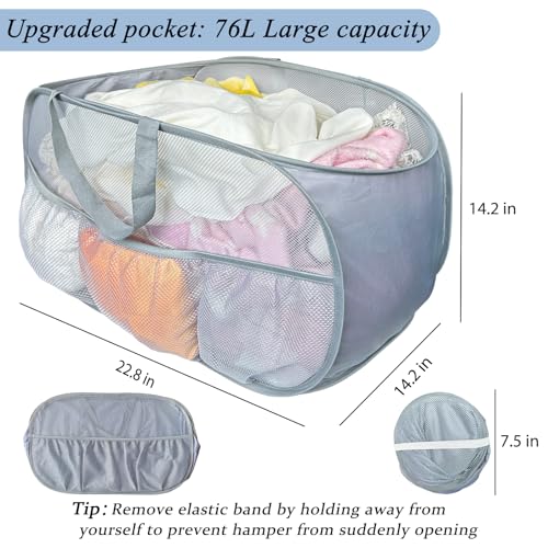 Pop Up Laundry Hamper 2 Pack with Handles & Side Pockets - color: Grey + Grey