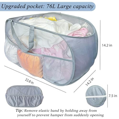 Pop Up Laundry Hamper 2 Pack with Handles & Side Pockets - color: Grey + Grey