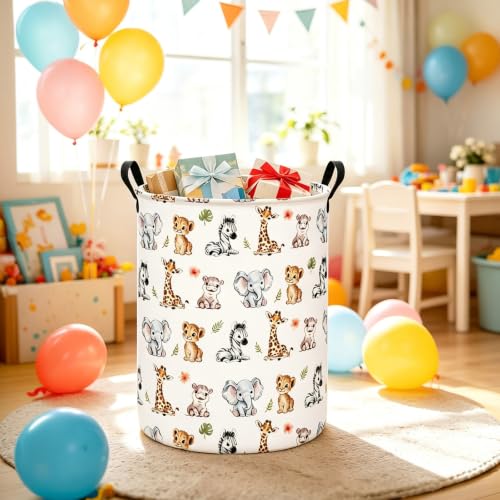 Round Jungle Wildlife Laundry Hamper, Cotton Canvas Storage Bin - color: Round Safari Animal