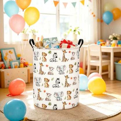 Round Jungle Wildlife Laundry Hamper, Cotton Canvas Storage Bin - color: Round Safari Animal