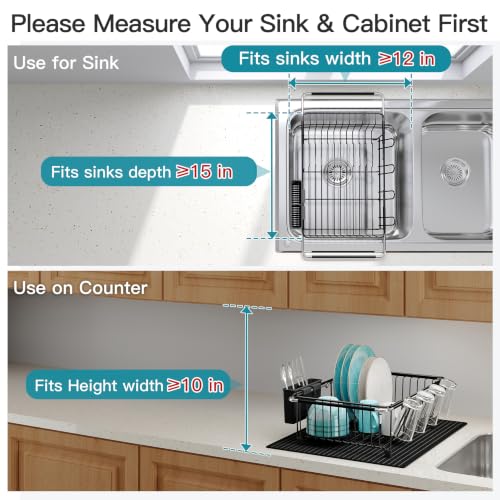 JASIWAY Black Dish Drying Rack in Sink with Mat, Cups and Utensil Holder - color: Black, size: For 12"-30"w Sink, with Mat