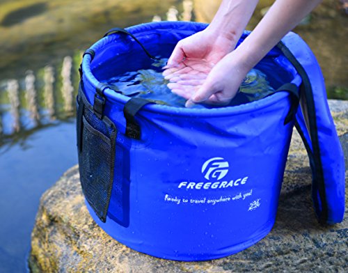 Freegrace Collapsible Water Bucket with Lid 16L Portable Camping Wash Basin - color: Navy Blue, size: 16L