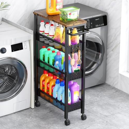 Vivihomety 4-Tier Slim Utility Rolling Laundry Cart with Wheels, Metal - color: Black, size: 7.1 inch wide