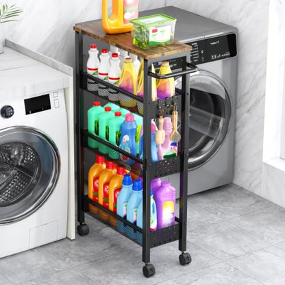 Vivihomety 4-Tier Slim Utility Rolling Laundry Cart with Wheels, Metal - color: Black, size: 7.1 inch wide