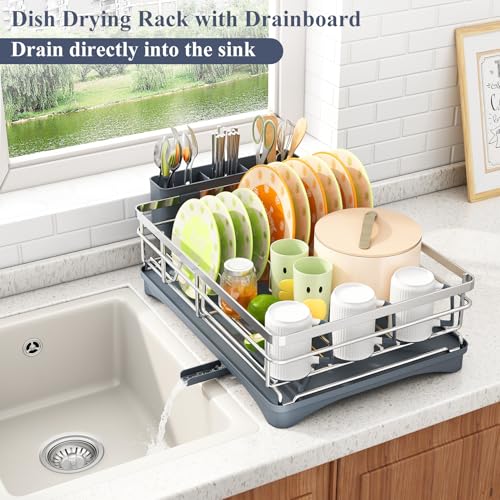 SAYZH Dish Drying Rack for Kitchen Counter with Utensil Holder, Silver - color: Silver