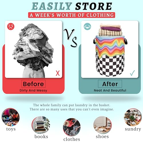 Rainbow Checkerboard Laundry Basket Oxford Cloth Hamper 18.9 x1 6.5 Inch - color: Hippie Rainbow With Grey White Plaid