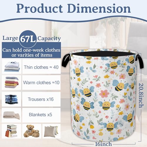 Cute Bee Laundry Basket,Foldable Oxford Cloth Pink Flowers Laundry Hamper With Handle, 20.8"x16" Portable Clothes Storage Basket Bag for Laundry Room/Bathroom/Bedroom/Dormitories - color: Cute Bee Pink Flowers