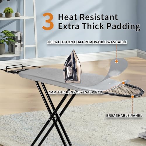 Ironing Board, 43x14 Inch Iron Board with Steam Rest, Heavy Duty Metal Frame Legs Ironing Table with Heat Resistant Cover Mat, Foldable Full Size Hanger Ironing Stand (Grey, 52" L x 14" W x 34.6" H) - color: Gray