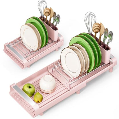 TOOLF Small Dish Drying Rack, Expandable and Space-Saving, Pink - color: Pink