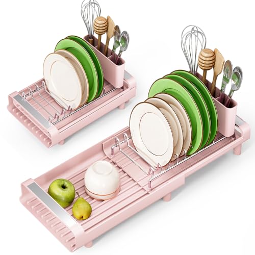 TOOLF Small Dish Drying Rack, Expandable and Space-Saving, Pink - color: Pink