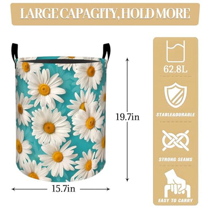 Beautiful White Daisy on Bright Teal Background Laundry Basket, Dorm Nursery Foldable Laundry Hamper Organizer for Bathroom Decor, Toy Clothes Storage Box for Bedroom 19.7x15.7 Inch - style: Daisy20