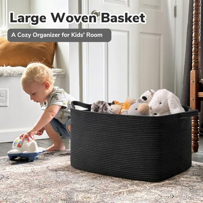 Goodpick Large Woven Rope Blanket Basket, Rectangle, Black, 75L - color: Black, size: Large(21.6"L x 14.9"W x 11.8"H)
