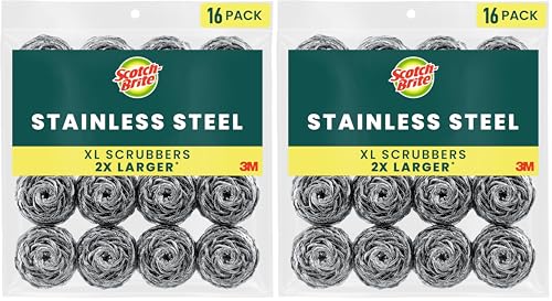 Scotch-Brite Stainless Steel Scrubbers, Durable, Ideal for Uncoated Cookware, 16 Scrubbers (Pack of 2)