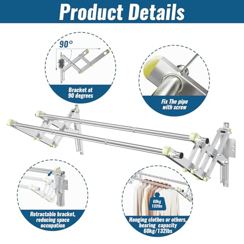 Foldable Wall Mounted Clothes Rack- Double 44'' Long Rod & 2 Thick Bases - style: 44 inches length X 2 rows