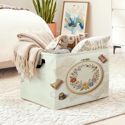 Floral Embroidery Laundry Hamper 56L Large Laundry Basket with Handles, Foldable Clothes Hamper for Bedroom Bathroom, Decorative Toy Storage Bin, Home Decor Organizer for Blankets, Towels & Toys. - color: Floral Embroidery
