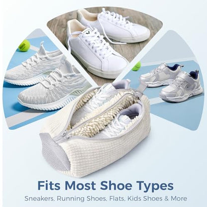 Shoe Washing Machine Bag for Sneakers, Double Compartment Shoe Laundry Bag with Chenille Microfiber, Durable Mesh Shoe Wash Bag for Washer & Dryer, Sneaker Cleaner for Running, Tennis & Kids Shoes - color: White