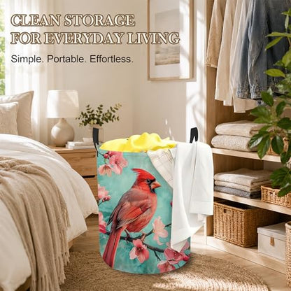 Cardinal Bird Laundry Basket, Pink Flowers Collapsible Laundry Hamper Waterproof Oxford Cloth With Handles, Clothes Storage Bucket For Bathroom/Bedroom 16" x 20.8" - color: Cardinal Bird