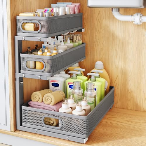 Under Sink Organizer, 3-Tier Thickened Metal Pull out Cabinet Organizer Shelf, Height Adjustable Slide out Storage Drawer Rack for Kitchen Bathroom Pantry Laundry Home Organization, 1-Pack, Grey - color: Gray, size: 1-Pack