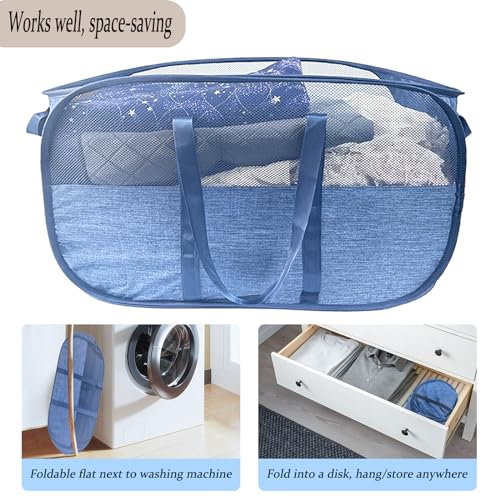 Extra Large Mesh Pop Up Laundry Hamper, 100L Collapsible Laundry Basket - color: Blue