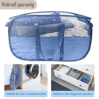 Extra Large Mesh Pop Up Laundry Hamper, 100L Collapsible Laundry Basket - color: Blue